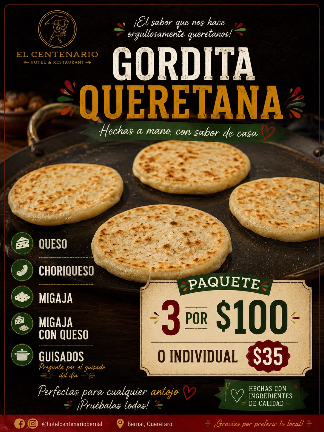 Gordita Queretana, paquete 3 por $100 o individual $35